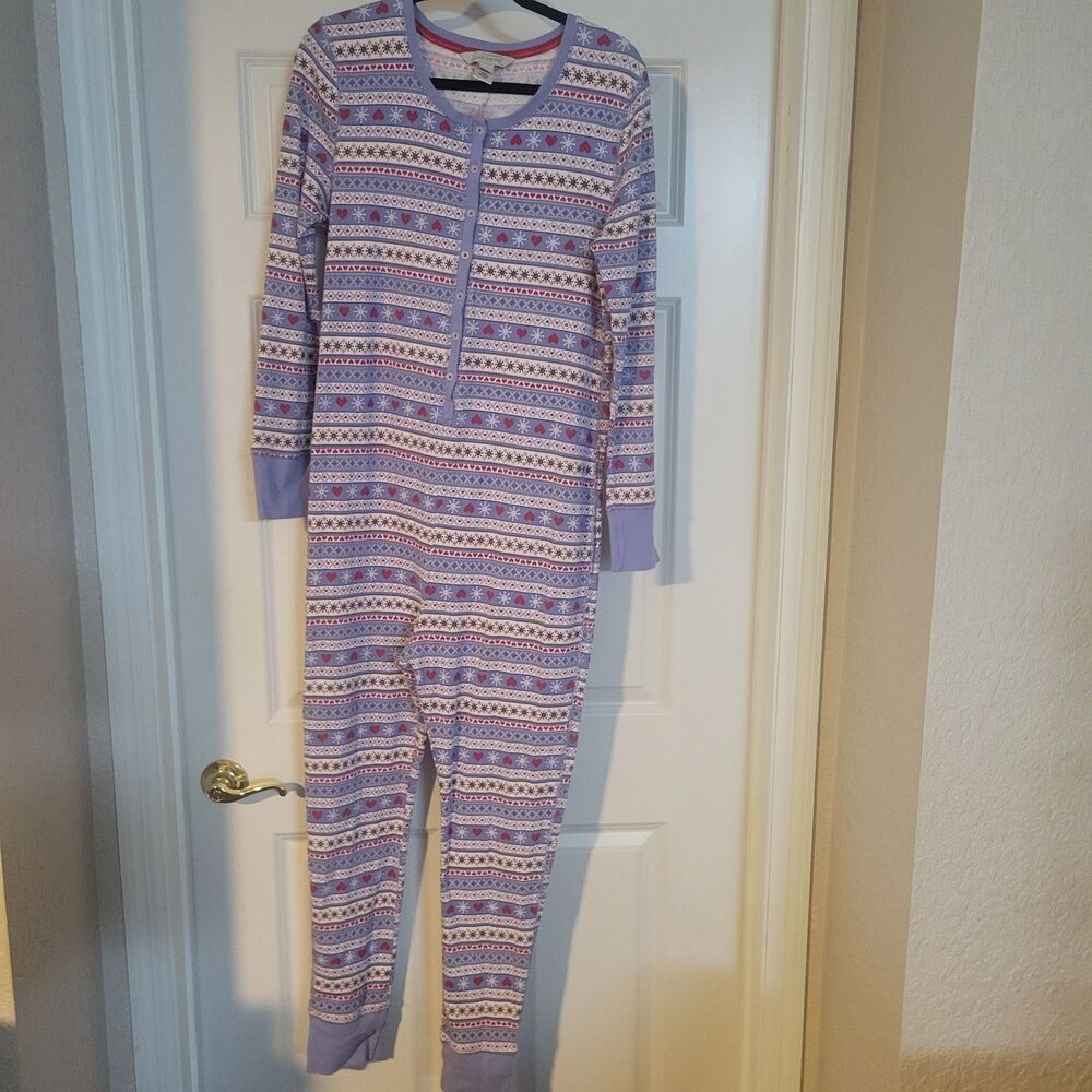 Women's cotton jersey unionsuit Pajamas sz XL PJs Nordic print Light blue/red